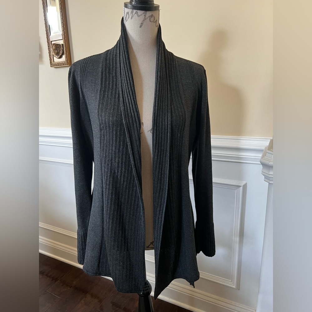 Charcoal Grey, Shawl Collar Open-Front Flowy Ribbed Cardigan.